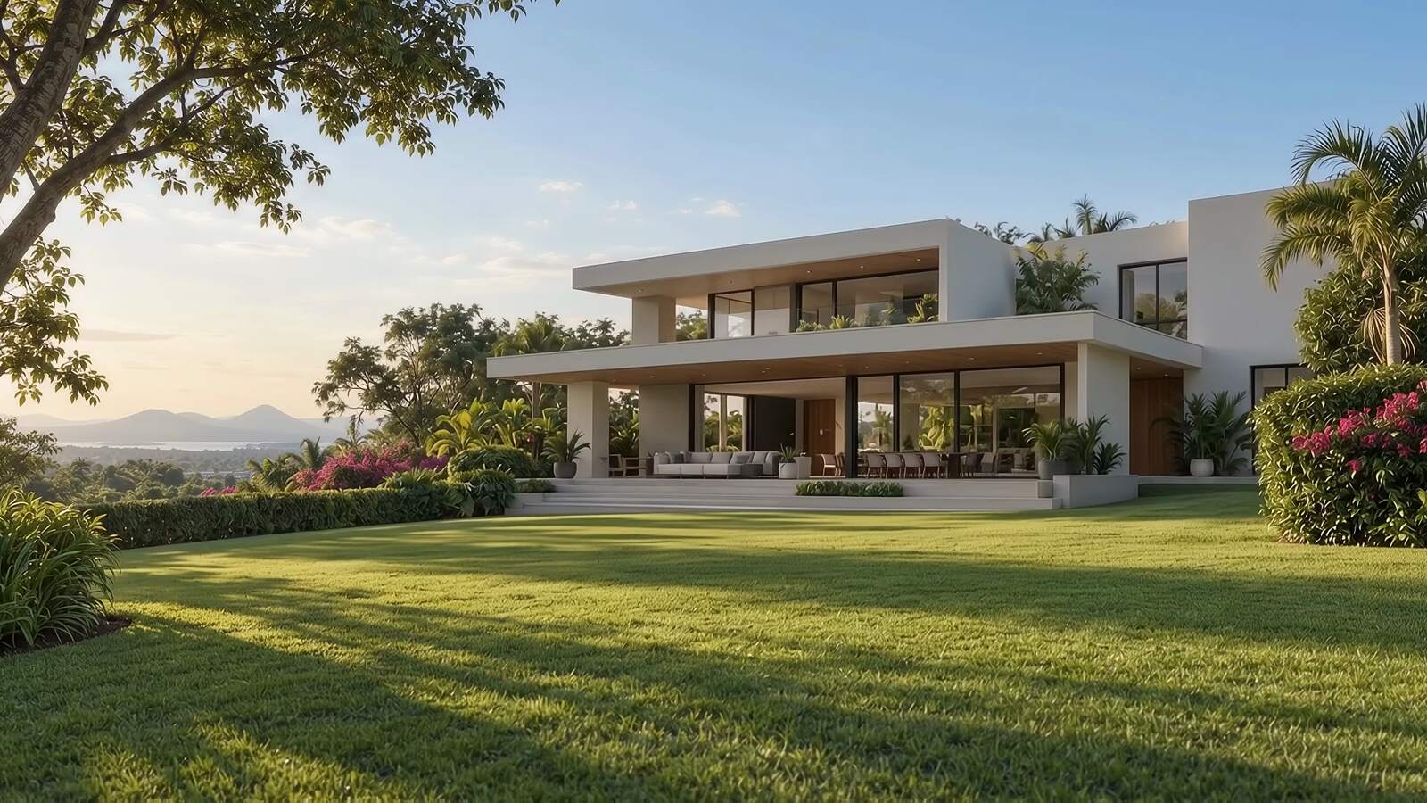 Casa moderna con una amplia grama al atardecer; al desplazarte, el jardín se transforma con senderos, plantas e iluminación